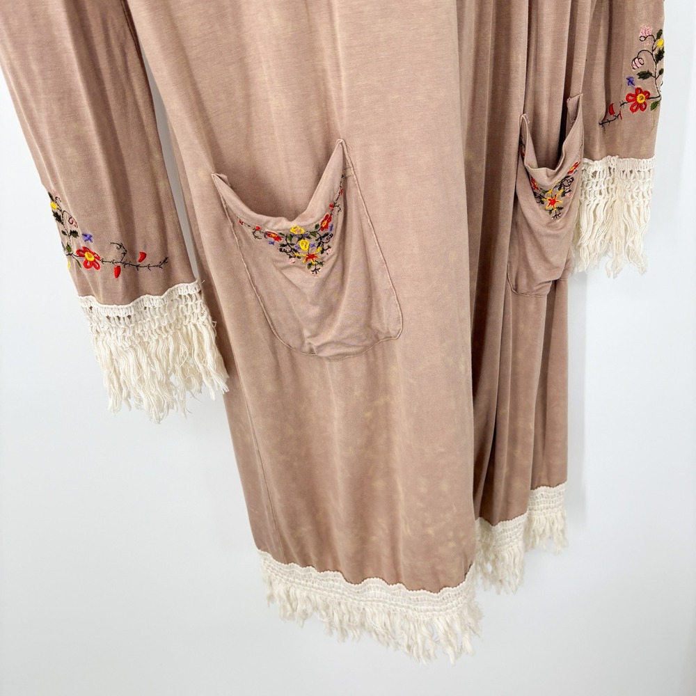 POL Embroidered Fringe Long Open Cardigan Boho Festival Western Duster Size S - Picture 3 of 8
